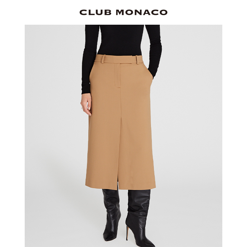 CLUB MONACO女装羊毛混纺A字开叉法式智性通勤西装半身裙