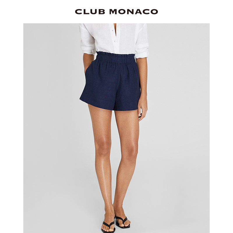 CLUB MONACO女装春夏透气亚麻花瓣松紧高腰甜美气质短裤