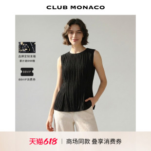 CLUB MONACO女士夏圆领无袖压褶上衣收腰显瘦通勤休闲百搭背心