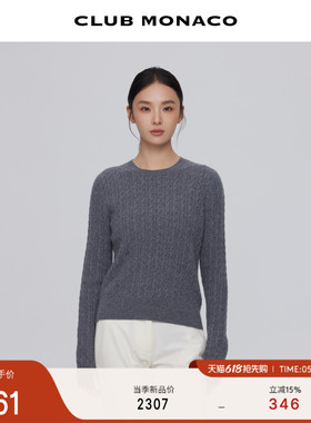 【100%山羊绒】CLUB MONACO女士长袖深灰色圆领绞花针织衫