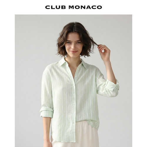 【100%亚麻】CLUB MONACO女士春夏休闲气质百搭简约竖纹衬衫