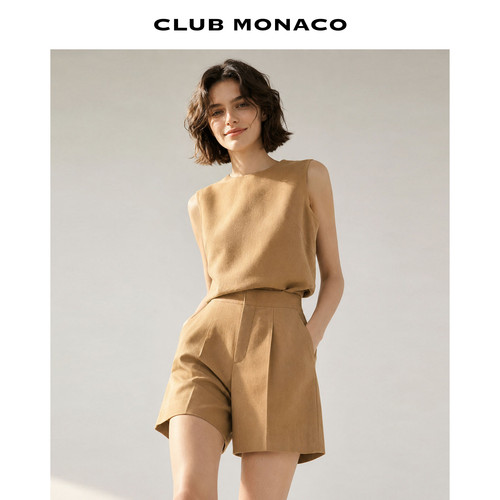 CLUB MONACO女士醋纤高腰直筒侧边口袋日常通勤休闲款显瘦短裤