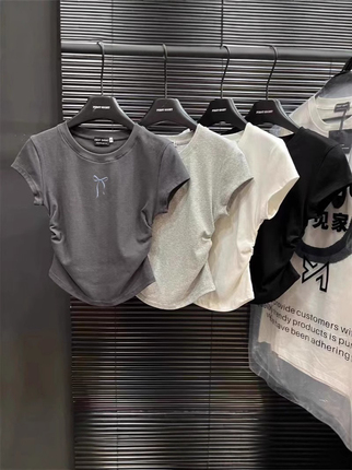 ins Hot Girl Pure Desire Waist T-Shirt Short Sleeve Women's Summer New Embroidered Butterfly T-Shirt Slim Top Women's Trendy