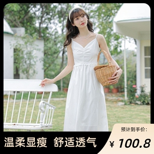 2023年春夏新款纯欲风连衣裙女时尚百搭腰显瘦芭蕾长款吊带裙七夕