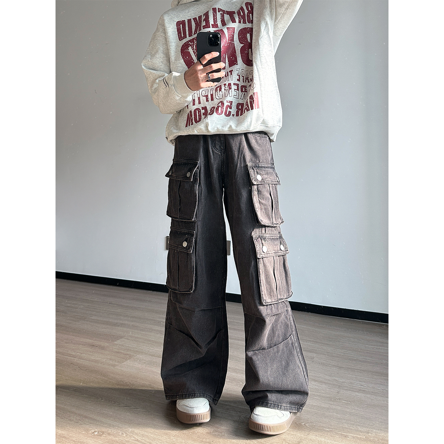 美式废土风多口袋工装阔腿牛仔裤