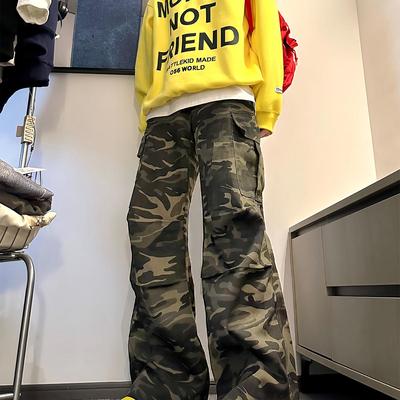 BUGU美式复古阔腿迷彩裤高街痞帅休闲设计感宽松直筒男女情侣裤子