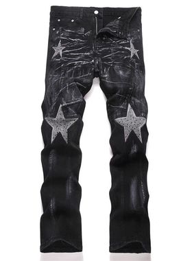 Men Straght Flaed Jens 男士朋克五角星水钻修身微喇叭牛仔裤潮