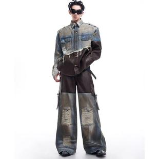 复古做旧拼皮破坏牛仔外套男秋冬脏脏夹克痞帅 美式 2025套装 牛仔裤