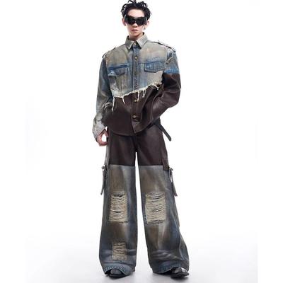 2025套装牛仔裤美式复古做旧拼皮破坏牛仔外套男秋冬脏脏夹克痞帅