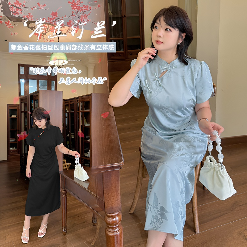 大码女装新中式改良旗袍2025夏新款气质提花连衣裙微胖mm显瘦裙子