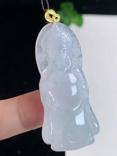 天然A货翡翠 缅甸正品玉坠  18k金镶冰润财神爷吊坠