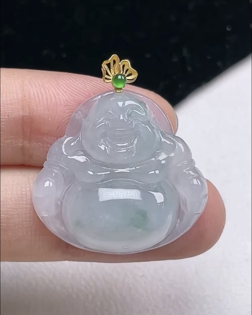 天然A货翡翠 缅甸正品玉坠 18K冰飘花佛公吊坠