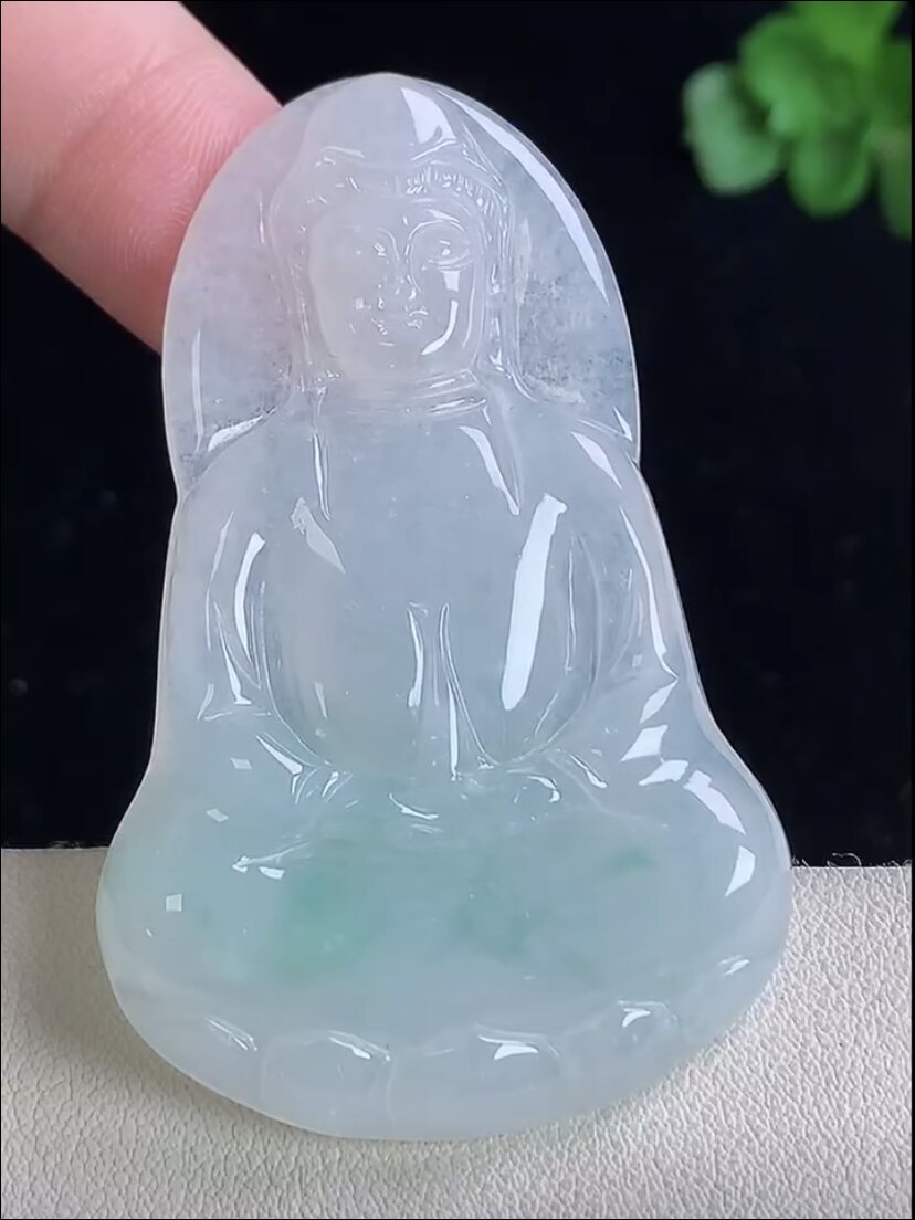 天然A货翡翠 缅甸正品玉坠冰润飘花宝瓶素衣观音菩萨吊坠平平安安