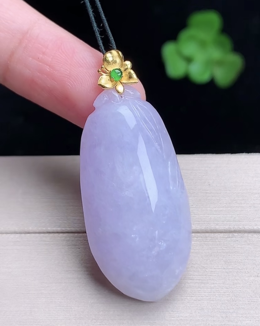 天然A货翡翠 缅甸正品玉坠 18k金镶紫罗兰福瓜吊坠