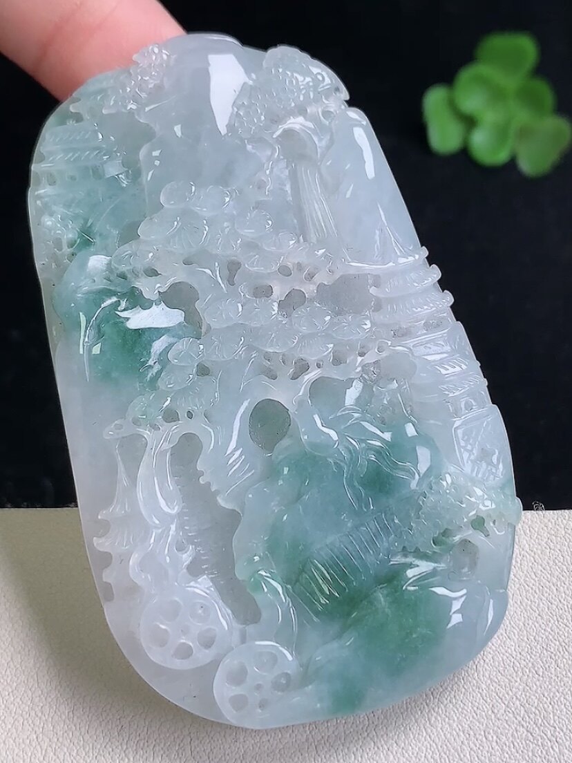 天然A货翡翠 缅甸正品玉坠  冰润飘花山水意境牌吊坠高山流水挂件