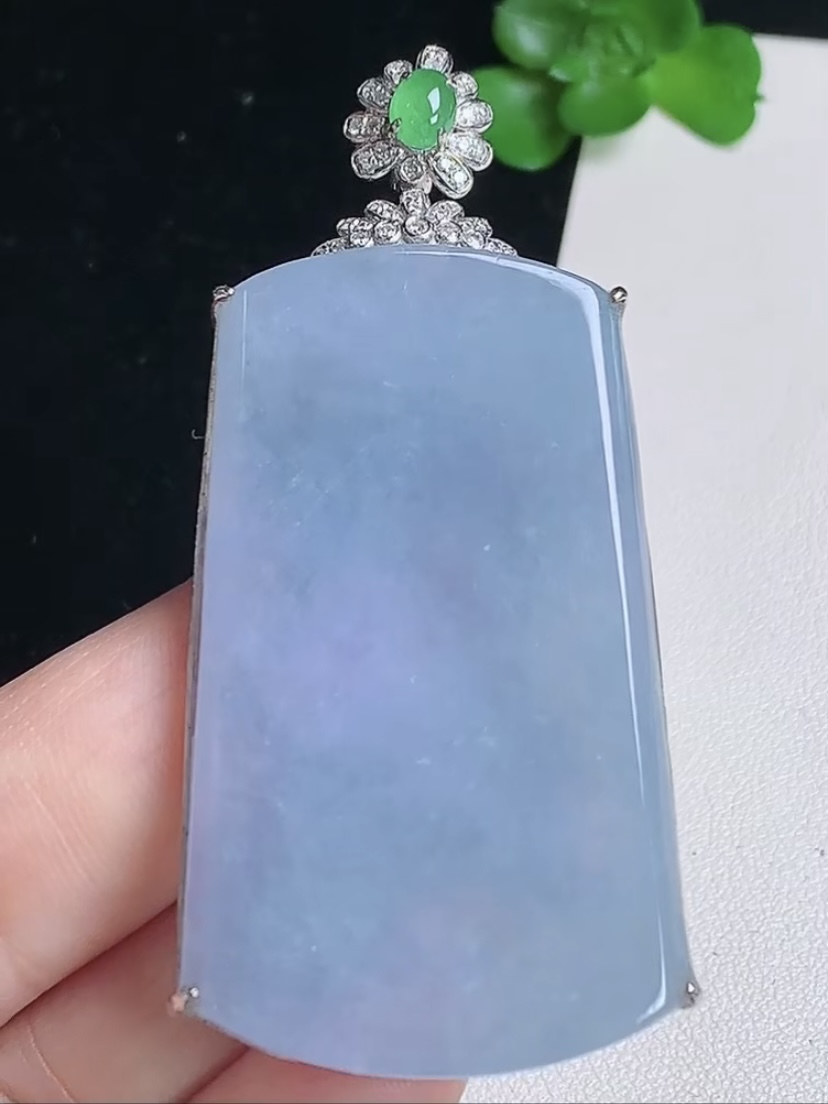 天然A货翡翠 缅甸正品玉坠18k金镶冰紫罗兰无事牌吊坠