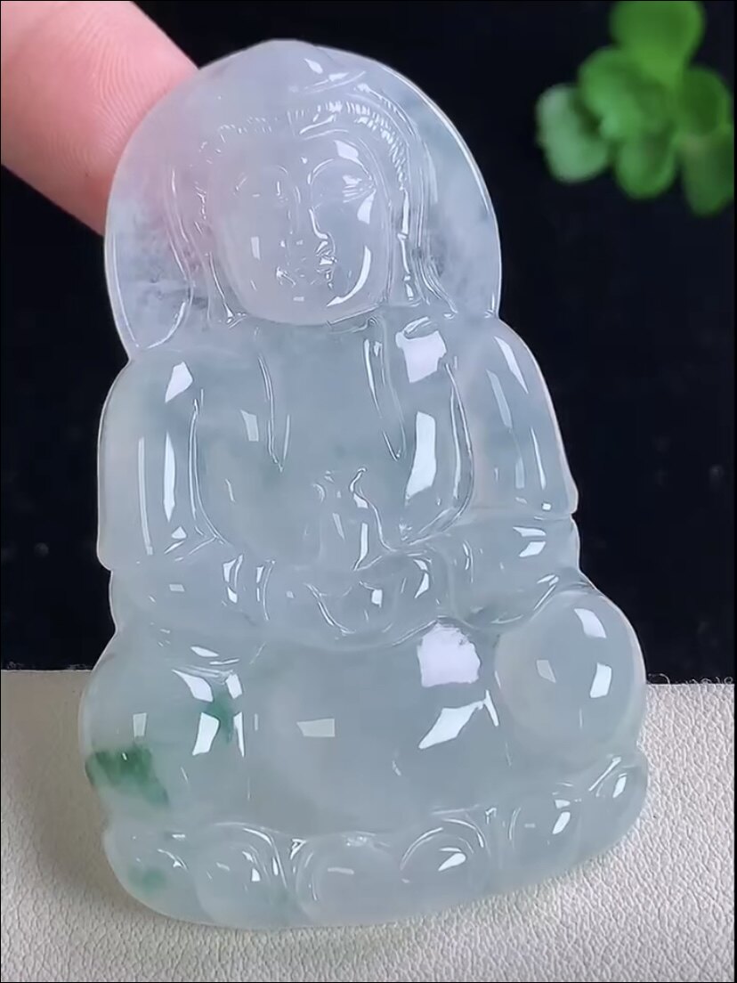 天然A货翡翠 缅甸正品玉坠 冰润飘花宝瓶观音菩萨吊坠 平平安安