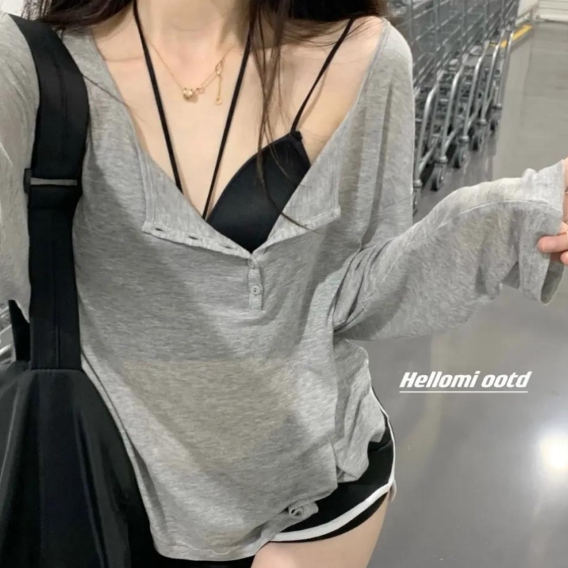 纯欲灰色T恤女夏季薄款防晒v领长袖罩衫宽松慵懒风松弛感chic上衣