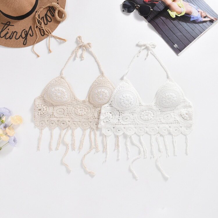 波西米亚针织小背心吊带带胸垫露背抹胸刺绣挂脖背心短款内搭上衣