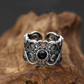 S925纯银男士 活口可调节民族风花纹复古泰银戒指个性 指环潮黑曜石