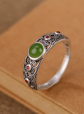 S925纯银和田玉碧玉招财转运珠戒指女款食指环复古风国潮小众开口