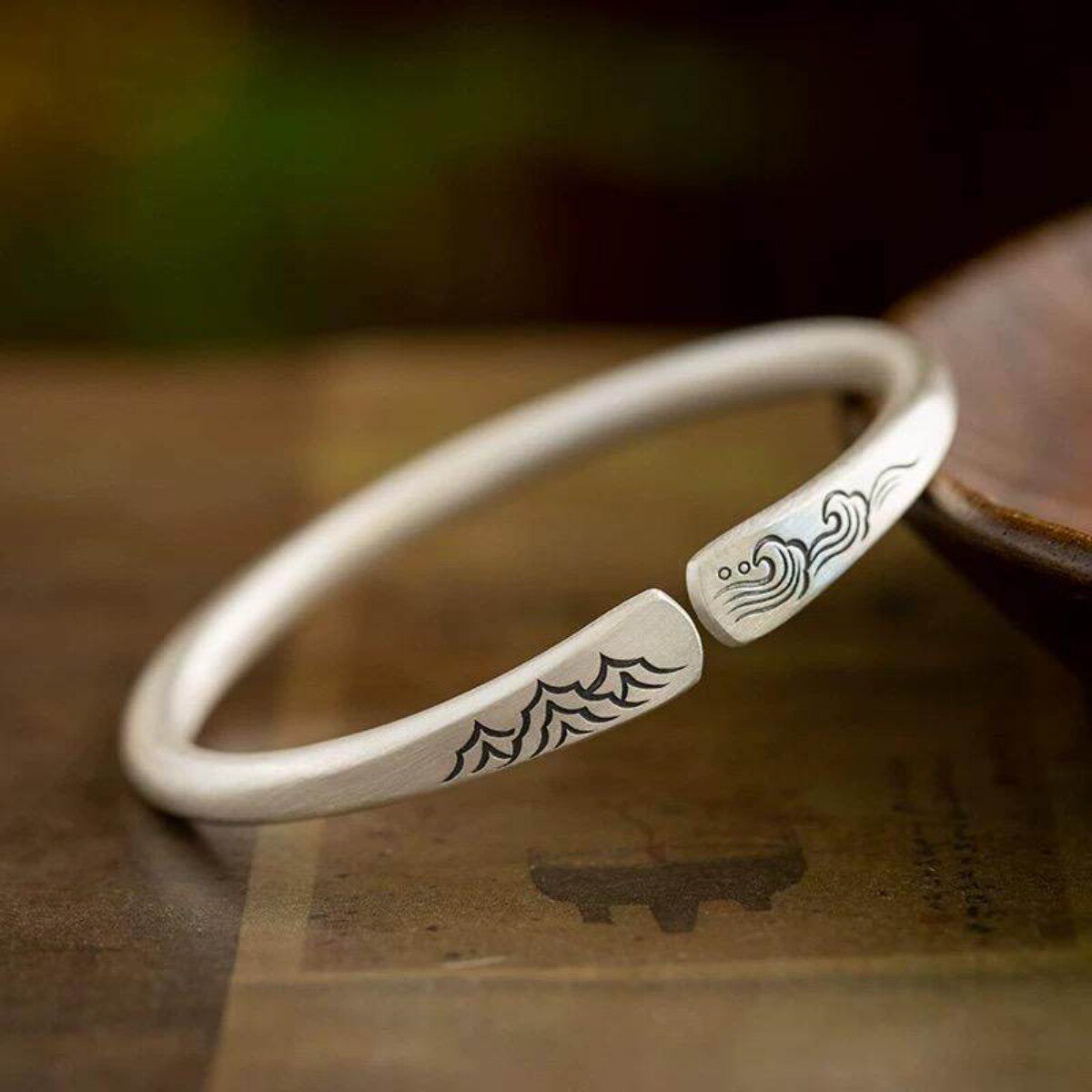 S999纯银山盟海誓手镯复古做旧中式磨砂简约百搭镯子手环女可调节