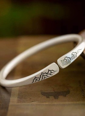 S999纯银山盟海誓手镯复古做旧中式磨砂简约百搭镯子手环女可调节