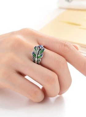 S925纯银招财转运孔雀羽戒指珐琅烧蓝复古风做旧彩色国潮女款开口