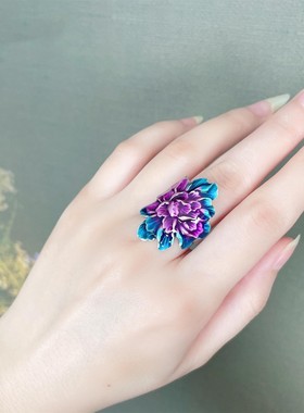S925纯银烧蓝珐琅彩色牡丹花戒指女国潮复古国风做旧招财转运开口