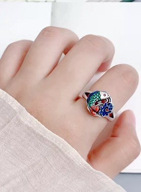 纯银招财转运彩色烧蓝珐琅锦鲤莲花戒指古装汉服旗袍宫廷饰品开口