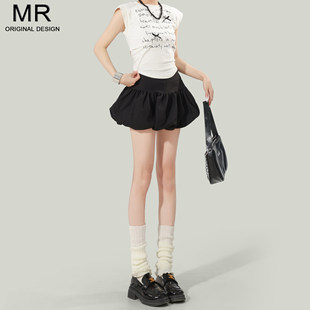 黑色高腰花苞裙女2025夏季新款小个子薄款蓬蓬半身裙泡泡裙短裙子