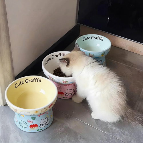 猫碗涂鸦陶瓷碗可爱猫食盆狗碗