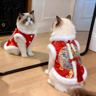 猫咪衣服新年刺绣盘扣唐装加绒保暖防掉毛小狗狗衣服喜庆宠物服装