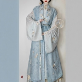 万袖 蓝色套装 明宋 原创汉服女 白茶清欢 明制长比甲立领衫 秋款