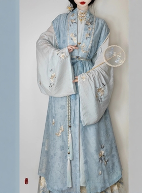 原创汉服女【万袖明宋-白茶清欢】明制长比甲立领衫蓝色套装秋款