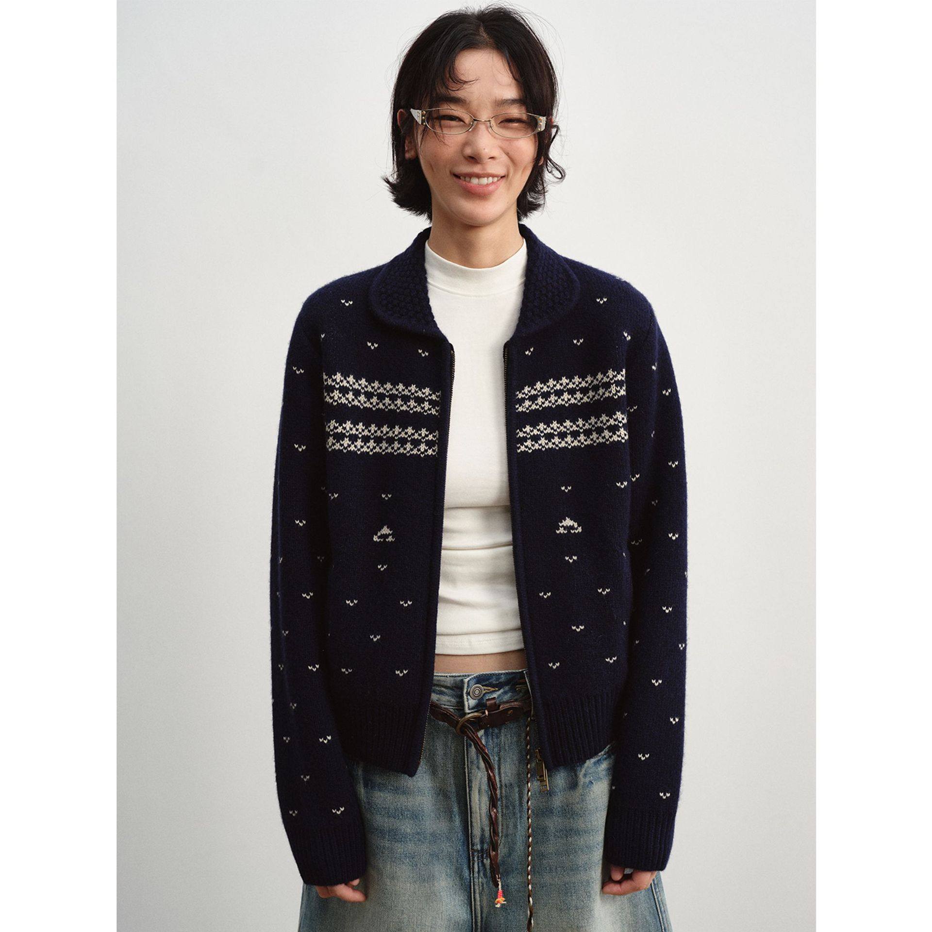 [识时]新品复古羊毛提花拉链开衫毛织长袖娃娃领毛衣外套女,女装/女士精品,毛衣,淘宝优惠券,粉丝福利购,淘宝优惠卷