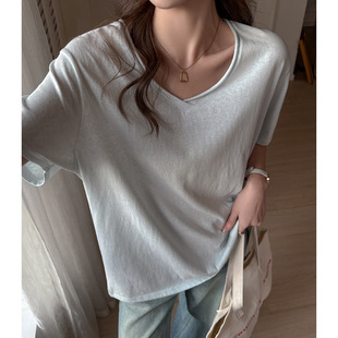 夏季纯色V领宽松短袖T恤女 韩系慵懒风百搭上衣