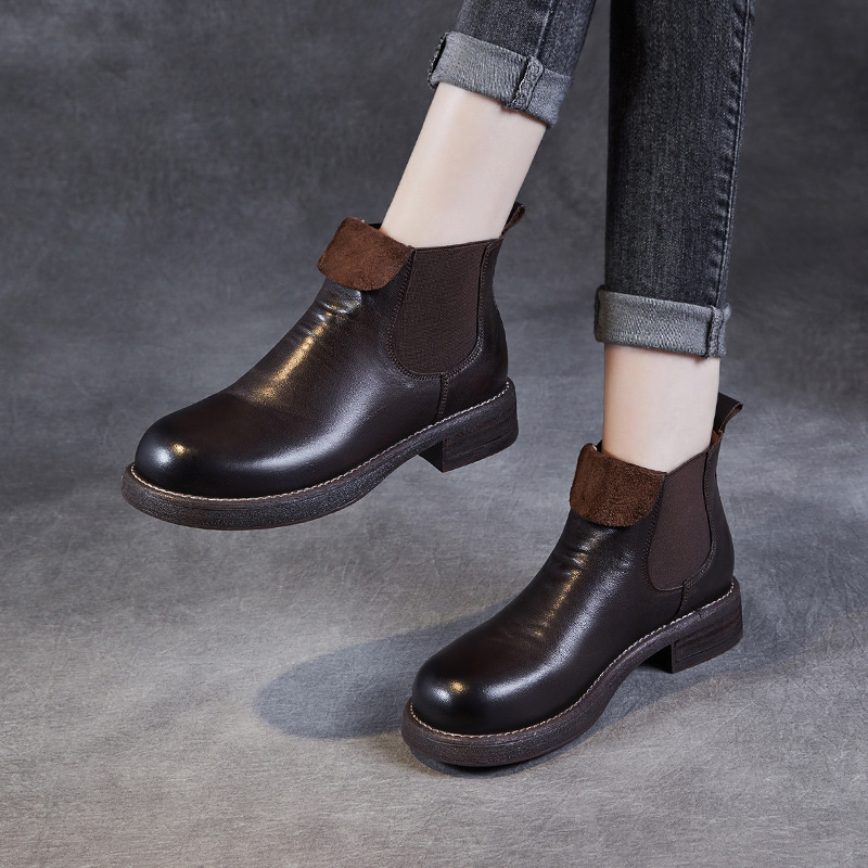 水洗牛皮做旧切尔西短靴女英伦复古风马丁真皮圆头翻皮短筒踝