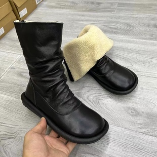 真皮大棉女款靴子文艺复古棉靴平跟皮靴原创头层牛皮中筒加绒倒靴