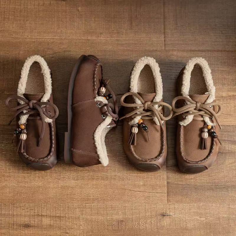 头层牛皮保暖豆豆加绒复古风新款冬季女鞋休闲2025牛皮棉鞋系带鞋