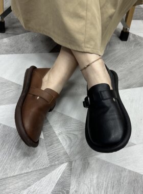 森女文艺复古真皮圆头浅口平底鞋2023夏舒适软底一伸脚单鞋大头鞋