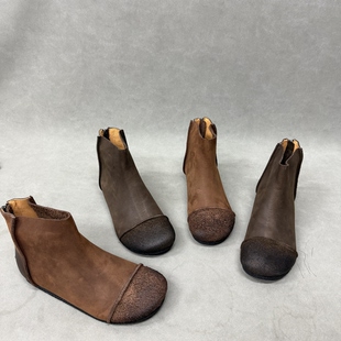 外贸复古真皮女短靴26秋冬新款文艺手工圆头平底牛皮女单靴奶奶靴