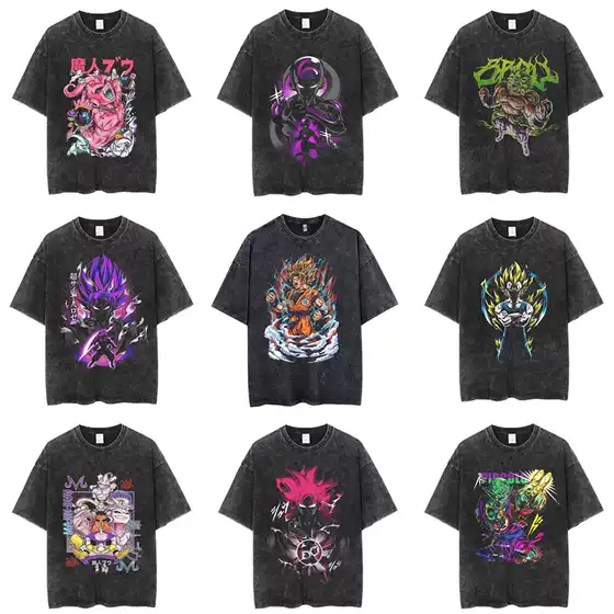 Washed Vintage Anime Dragon Ball Goku 200g Heavy Cotton Cartoon Oversized Crew Neck Printed Trendy T-Shirt Retro Cartoon