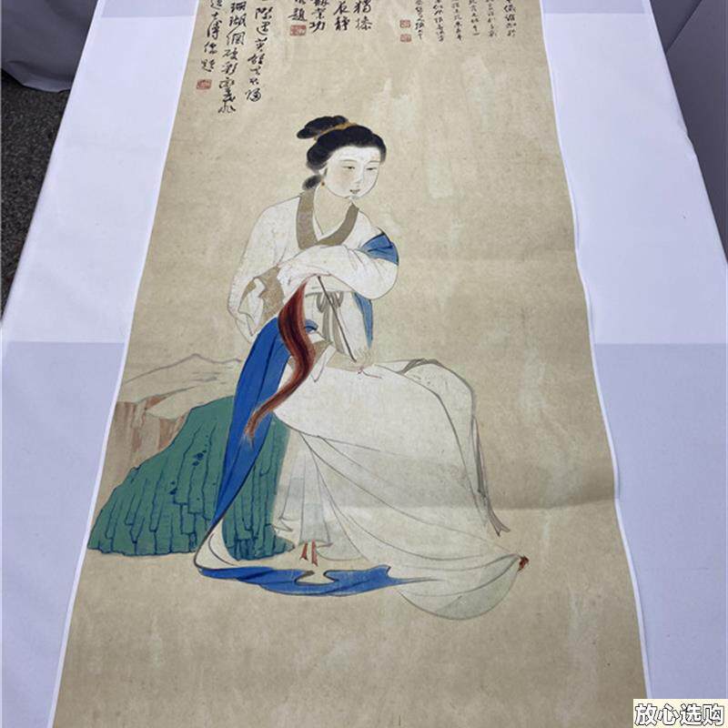 1:1张大千红荷仕女图工笔人物真迹国画微喷名画复制Z品客厅装饰