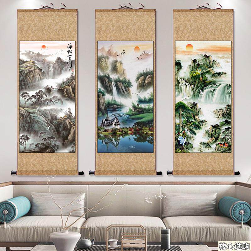 迎客松画客厅挂画中堂画农村堂屋E大气字画对联中式国画山水画壁