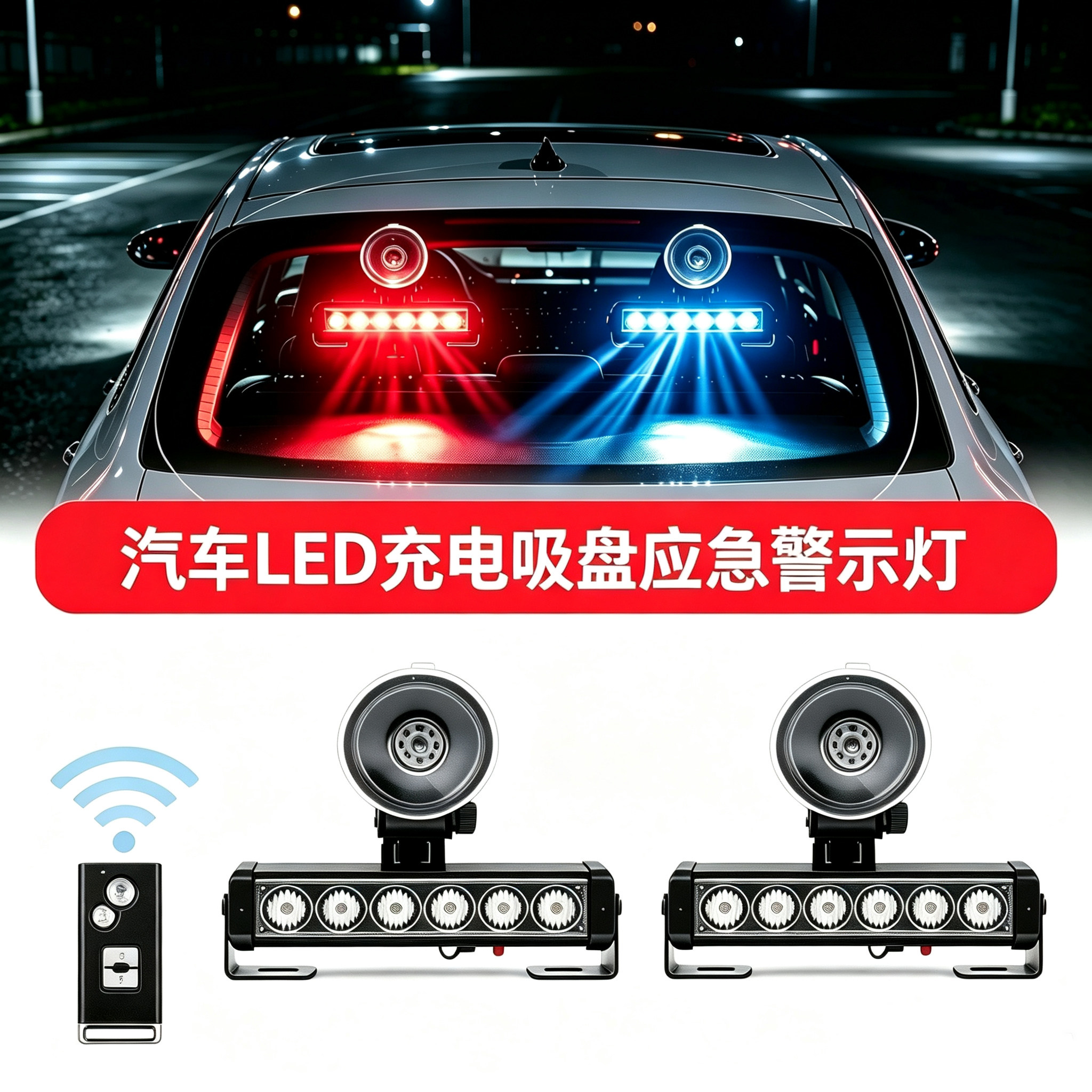 汽车LED吸盘警示灯挡风玻璃爆闪灯应急灯无线遥控充电12V220v超亮