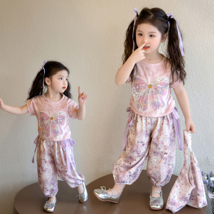 2026新款 两件套防蚊裤 夏季 长裤 洋气休闲短袖 女童甜美风蝴蝶结套装