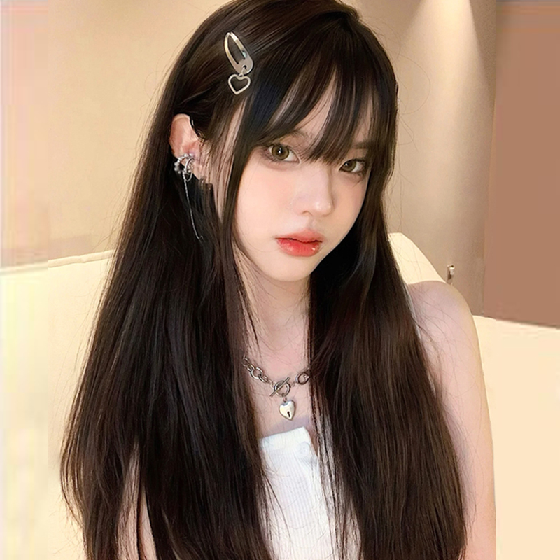 日系假发女长发夏网红日常圆脸漫画齐刘海黑长直发型自然全头套