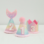 PanParty ins儿童生日帽皇冠女宝美人鱼主题彩虹生日周岁装 饰道具