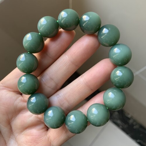 天然和田玉鸭蛋青色圆珠手串绿色玉石手链男女款文玩饰品15mm